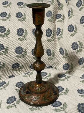 Vintage Hand-Painted Brass Candlestick Holder with Bird & Floral Design